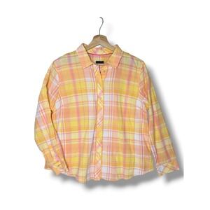 Talbots Petite XL Yellow Pink Plaid Cotton Long Sleeve Button Up Shirt Madras